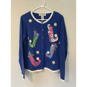 Tiara International Christmas Collection Sweater Cardigan Embroidered Sz‎ M Blue